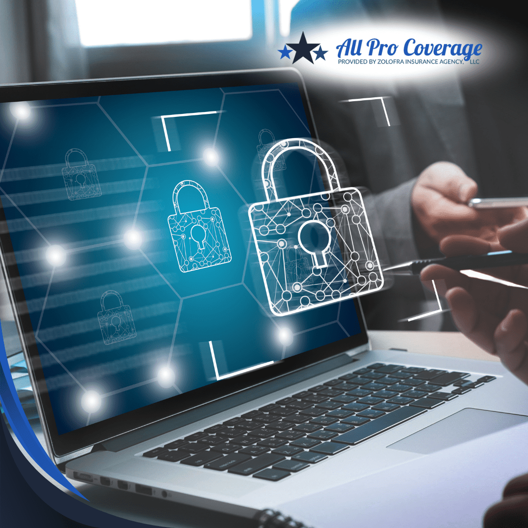 Cyber liability insurance concept with digital lock icons on a laptop